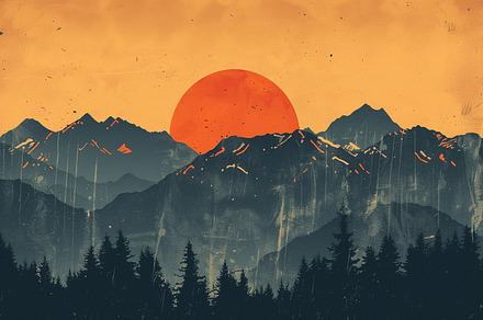 Vintage mountain landscape at sunset